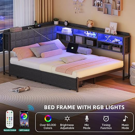 Full Corner Bed Frame with Storage Drawers and Bookcase & Flip-up Storage Headboard, Full Size Platform Corner Bed Frame with Charging Station and LED Lights, Full Daybed for Dorm or Guests, Grey