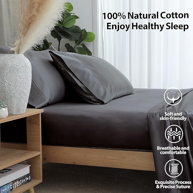 2-Pack Pure Cotton Fitted Sheet King Size, 600 Thread Count 16" Deep Pocket Egyptian Cotton Fitted Sheet (2pcs, King, Dark Grey)