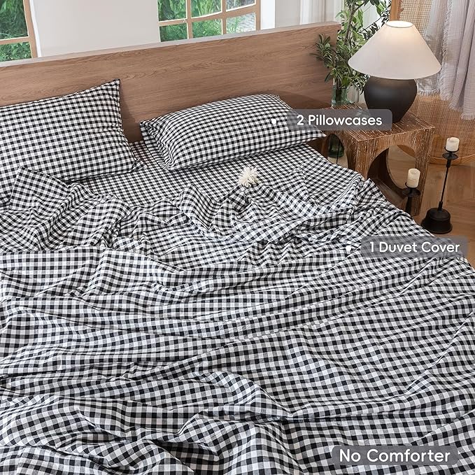 MooMee Gingham Duvet Cover Set 100% Washed Cotton Linen Like Textured Breathable Durable Soft Comfy Modern Checkered Design (Black White Gingham, Cal King 104"x98")
