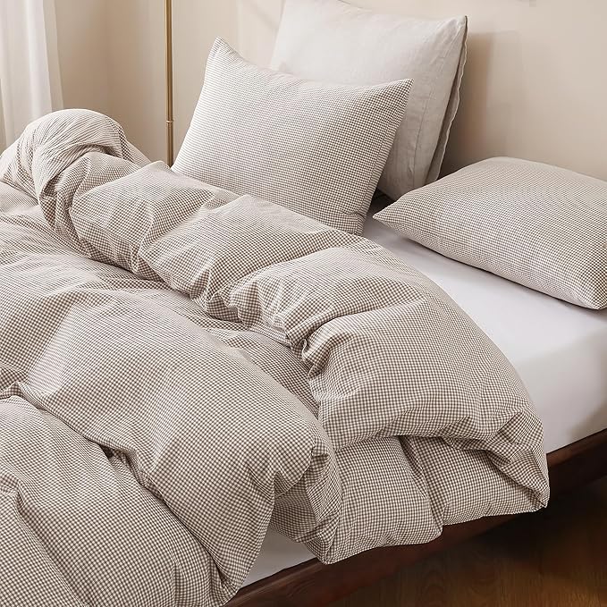 TOCOMOA Mini Gingham Tan Duvet Cover Bedding Set 100% Washed Cotton Like Linen Feel Super Soft Comfy 3 Piece Brown Small Plaid Checkered Fall Comforter Cover Set (Full 80"x90", Comforter Not Included)