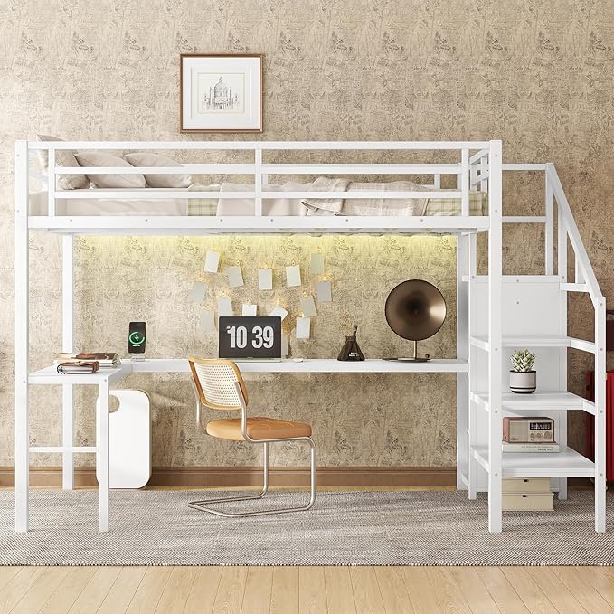 Full Size Loft Bed with Desk and Wardrobe, Metal Heavy Duty Loft Bed with Storage Stairs, LED Lights, USB Port, LoftBed Frames for Kids, Junior, Space Saving, Noise Free (White, Full)