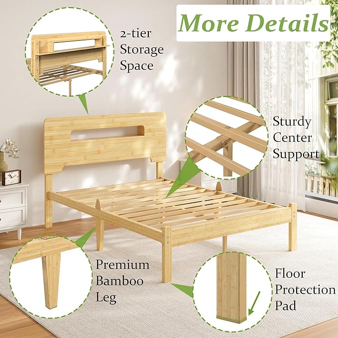 ZIYOO Full Size 12" Bamboo Bed Frame, Durable Platform Bed with Bamboo Outer Frame & Iron Slat Support, Stable & Noiseless Bed Foundation, Easy to Put Together