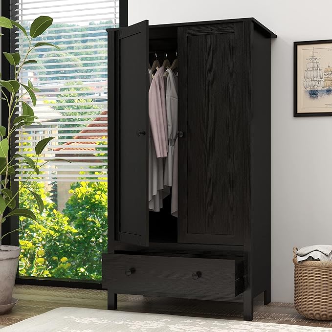 Panana 2 Door Wardrobe, Armoire with Drawer for Bedroom (Black)