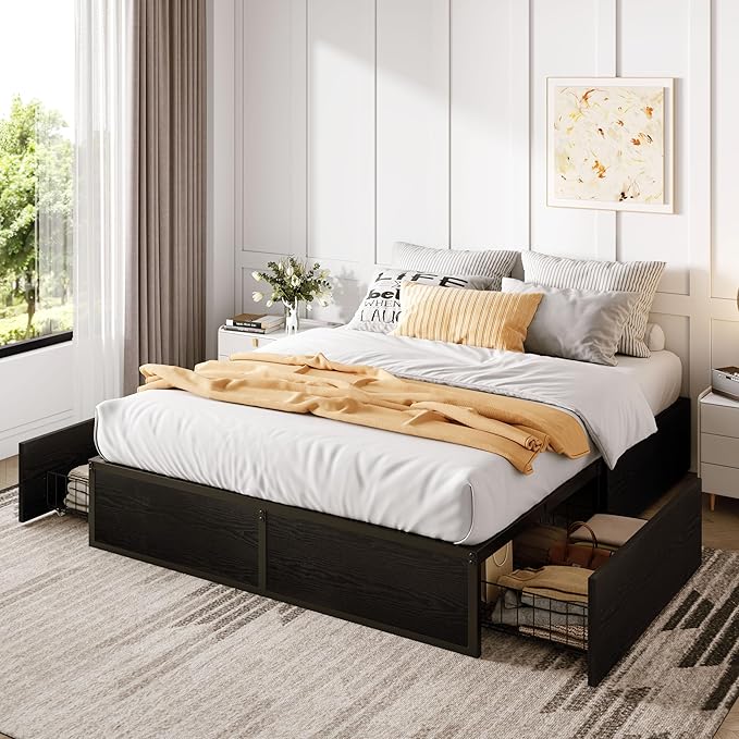 SHA CERLIN Full Platform Bed Frame with 2 Large Storage Drawers - Heavy Duty Metal & Rustic Wood, Noise-Free, No Box Spring Needed, Black