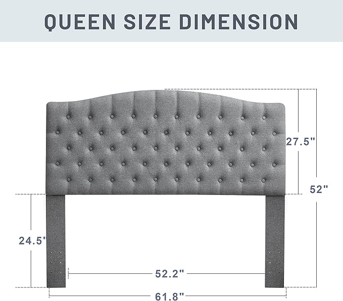 Tufted Upholstered Tall Headboard Queen Size, Sturdy and Durable Solid Wood Bed headboards, Comfortable Linen Fabric Queen Headboard Only, Modern Luxury Button Diamond Design Head Board, Grey