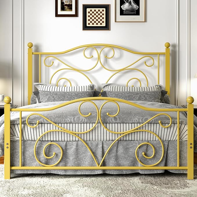 VECELO Queen Size Bed Frame with Headboard and Footboard, Heavy Duty Metal Slat Support, Platform Mattress Foundation, No Box Spring Needed, Easy Assembly, Gold