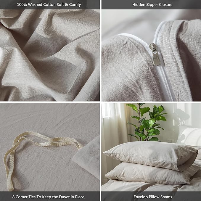 MooMee Bedding Duvet Cover Set 100% Washed Cotton Linen Like Textured Breathable Durable Soft Comfy (Heathered Brownish Grey, Super King Plus 120"x120")