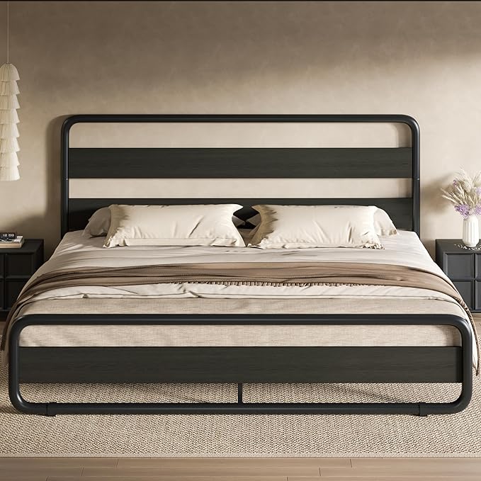 SHA CERLIN Full Size Metal Bed Frame with Wooden Headboard and Footboard, Heavy Duty Oval-Shaped Platform Bed Frame with 10" Under-Bed Storage, Noise Free, No Box Spring Needed, Black