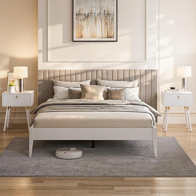 Bme Dinkee Signature Ivory White King Bed Frame Without Headboard - Modern & Minimalist Style with Acacia Wood - 12 Strong Wood Slat Support - Easy Assembly - No Box Spring Needed