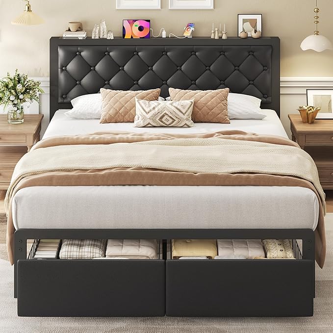 Fluest Queen Bed Frame with 2 Storage Drawers, Upholstered Headboard Button Tufted Bed Frame with Charging Station, No Box Spring Needed, Noise-Free, All Metal Structure, Black