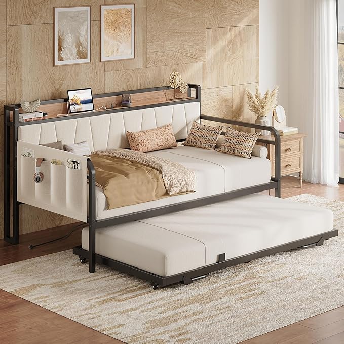 LIKIMIO Twin XL Daybed, Day Bed with Trundle, Storage Upholstered Headboard and Charging Station, Trundle Bed with Strong Supports for Living Room, Bedroom, and Guest Room, Beige