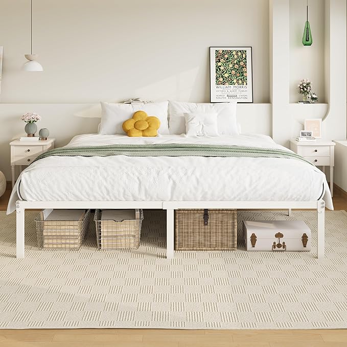 Allewie King Size Bed Frame, 14 inch Metal Platform Beds with Storage Space, No Box Spring Needed and Easy Assembly, White
