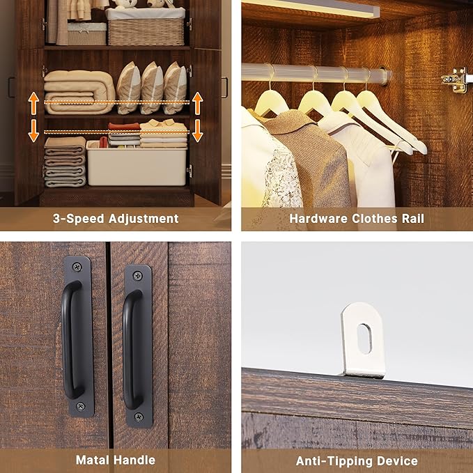 Hlivelood 75" Tall Farmhouse 2 Doors Armoire Wardrobe Closet with LED,Freestanding Closet Wardrobe Cabinet for Bedroom with Hanging Rod,Wooden Armoire Storage Cabinet with Adjustable Shelves(Brown)