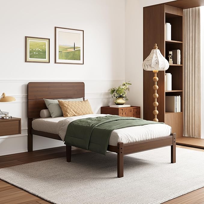 BOSRII 14in High Solid Bamboo Wood Platform Twin Size Bed Frame with Headboard, Reinforced Heavy Duty Metal Slats, Noise Free, No Box Spring Needed, Easy Assembly, Walnut