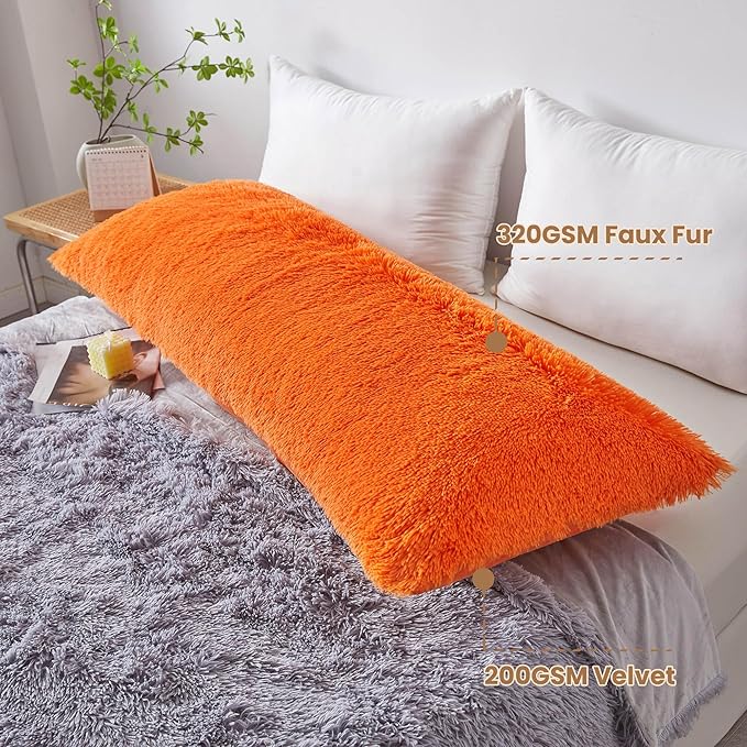 MEGO Luxury Fluffy Body Pillow Cover, 20x54 Shaggy Faux Fur Body Pillow Case, Soft Plush Fuzzy Body Pillowcase, Decorative Furry Long Bed Pillow with Zipper Closure Hug Pillow for Bedroom Orange