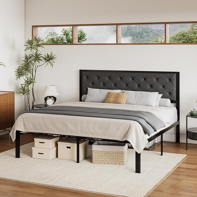 SHA CERLIN King Size Metal Platform Bed Frame,Linen Upholstered Button Tufted Headboard, Mattress Foundation with 12.4” Under-Bed Storage, Noise-Free, Easy Assembly, No Box Spring Needed, Dark Grey