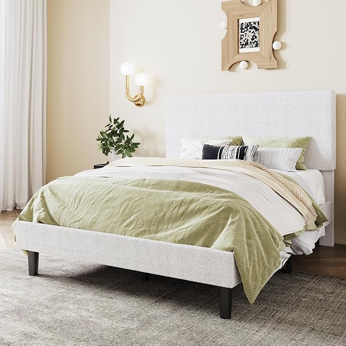 SHA CERLIN Full Size Platform Bed Frame with Adjustable Headboard and Wooden Slats Support, Boucle Upholstered Mattress Foundation, No Box Spring Needed, Easy Assembly, Soft White