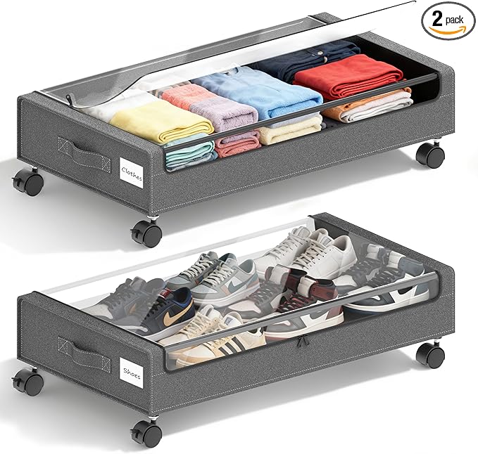 Under Bed Storage with Wheels - 2Pack 60L Underbed Storage Containers with Clear Lid & Label, Rolling Under Bed Storage Bins for Clothes, Shoes, Blankets (XL,Grey)