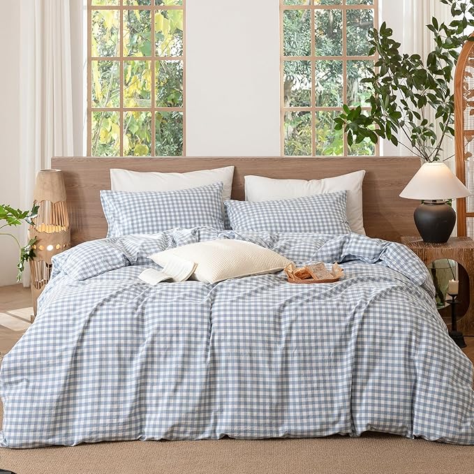 MooMee Gingham Duvet Cover Set 100% Washed Cotton Linen Like Textured Breathable Durable Soft Comfy Modern Checkered Design (Classic Gingham Cornflower Blue, Cal King 104"x98")
