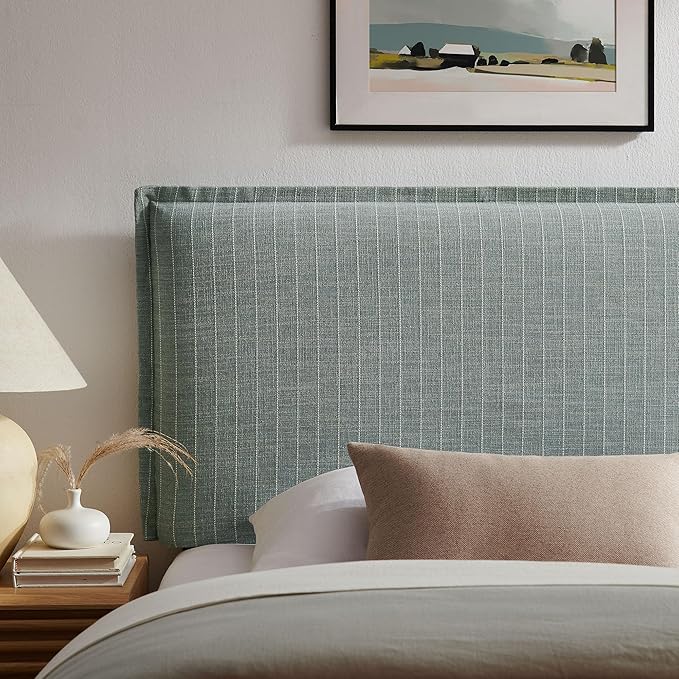 Modway Camille Twin Size Striped Linen Blend Pinstripe Headboard with Removable Slipcover – in Spa Blue Stripe - Padded Pillow Style Headboard with Adjustable Mounting for Twin Beds