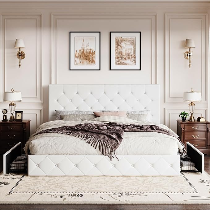 SHA CERLIN King Size Platform Bed Frame with 4 Oversized Storage Drawers, Adjustable Headboard with Velvet Upholstery, Diamond Button Tufted Design, Wooden Slat Support, No Box Spring Needed, White