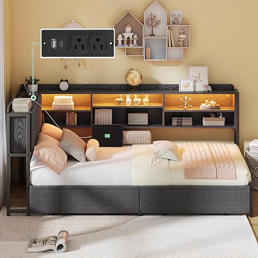 YITAHOME Twin Corner Bed Frame with Storage Drawers and Bookcase & Flip-up Storage Headboard, Twin Size Platform Corner Bed Frame with Charging Station and LED Lights, Twin Daybed for Dorm, Grey