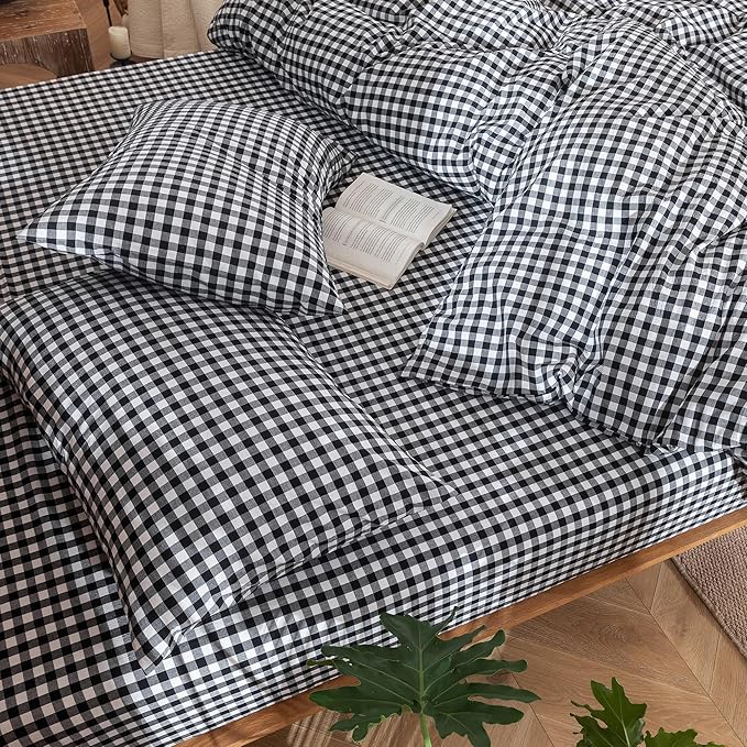MooMee Gingham Duvet Cover Set 100% Washed Cotton Linen Like Textured Breathable Durable Soft Comfy Modern Checkered Design (Black White Gingham, Oversized Queen 98"x98")