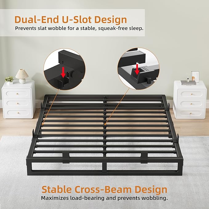 King Size Bed Frame, 6 Inch Metal Platform Bed Frames with Squeak Free U-Slot Design, 6 Non-Slip Guards, 3500lbs Heavy Duty Steel Slat Support, No Box Spring Needed, Under Bed Storage, Black
