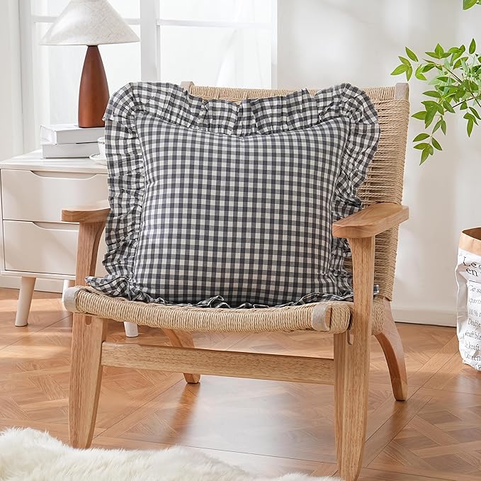 2 Pack Grey/White Plaid Ruffled Throw Pillow Sham 20 x20 inches, Washed Cotton Vintage Farmhouse Decorative Gingham Pillow Cover for Sofa/Living Room