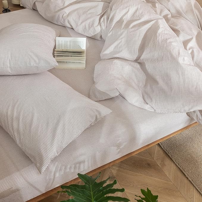 MooMee Striped Duvet Cover Set 100% Washed Cotton Linen Like Textured Breathable Durable Soft Comfy (Orange Pinstripes, Cal King 104"x98")