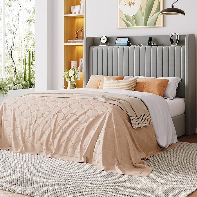 Allewie Queen Size Lift Up Storage Bed Frame,Storage Shelf Headboard with Charging Station,Type-C and USB Ports,Hydraulic Support,Velvet Upholstered Bed Frame,No Box Spring Needed,Grey