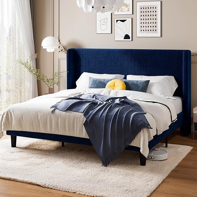 Allewie King Size Bed Frame with Upholstered Wingback Headboard, Vertical Channel Tufted Corduroy Velvet Platform Bed, Strong Wooden Slats Support, No Box Spring Needed, Easy Assembly, Dark Blue