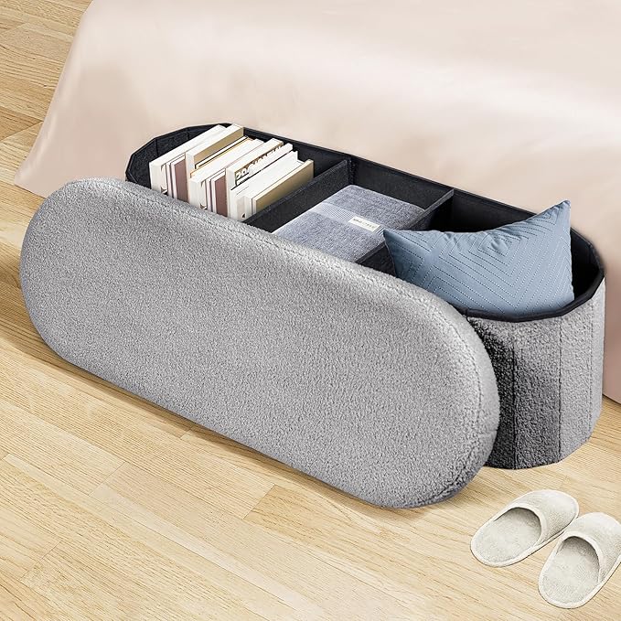 PINPLUS Storage Ottoman Bench Tufted Folding Ottomans Bench Foot Rest, Chest Box Velvet Bench with Storage, 43"x15"x15" (Grey)