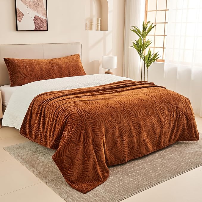 SOCHOW Fall Body Pillow Cover 21x54 Inches, Super Soft and Cozy Leaves Textured Fleece Long Body Pillowcase with Zipper Closure,1 Pack, Caramel
