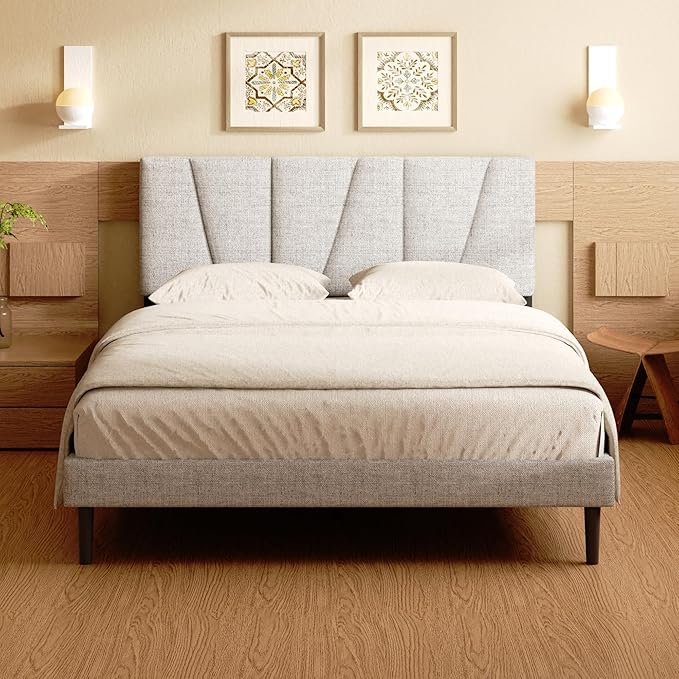 Full Size Bed Frame, Linen Upholstered Platform Bed with Headboard, Strong Wooden Slats Support, Noise-Free Mattress Foundation, No Box Spring Needed, Easy Assembly, Light Grey