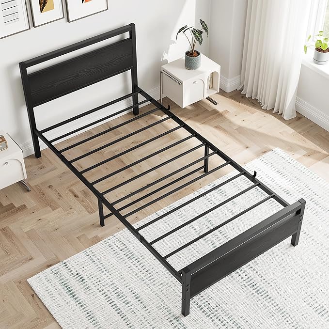 HOJINLINERO Black Twin Bed Frame with Wood Headboard,Metal Single Platform Bed Frame Twin Size No Box Spring Needed,Heavy Duty Metal Slats Support,Mattress Base,Noise Free,Easy Assembly,Black