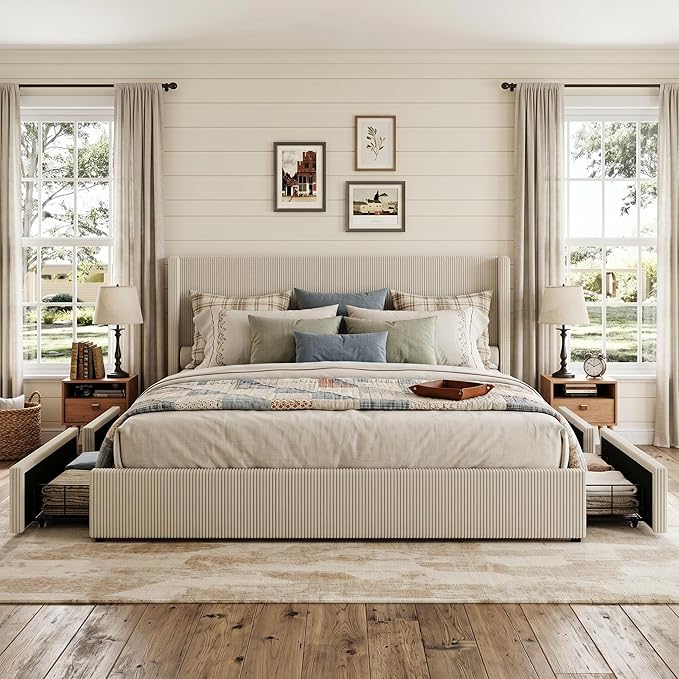 IDEALHOUSE Queen Size Upholstered Platform Bed Frame with Storage Drawers, Corduroy Wingback with Tufted Headboard and Footboard, No Box Spring Needed, Easy Assembly, Beige