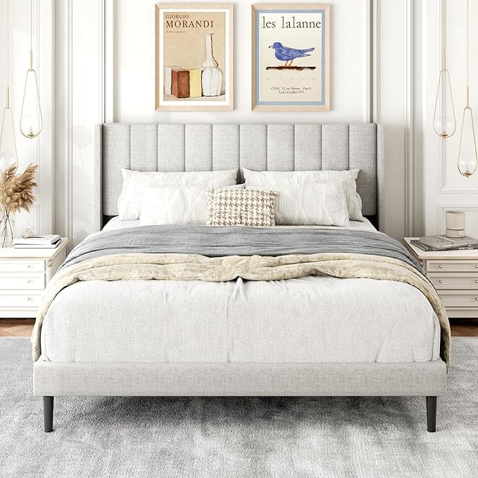 Gruwans Queen Size Bed Frame with Upholstered Wingback Headboard, Easy Assemnly Platform Bed, Wooden Slat Support No Box Spring Needed, Sand
