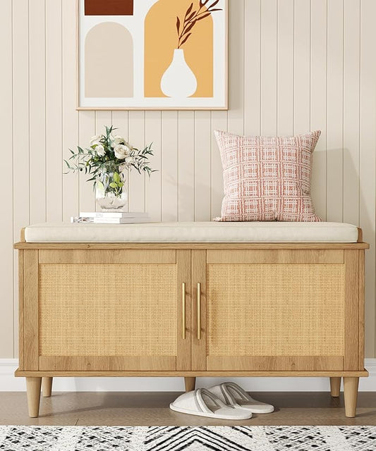Akxomel Rattan Shoe Storage Bench with Cushion, 2-Tier Entryway Bench with Adjustable Shelves and 2 Doors, 15" D x 39.4" W x 20" H, Solid Wood Legs, for Hallway, Living Room, Bedroom, Natural Oak