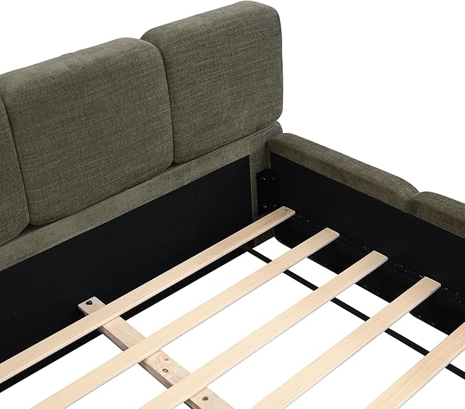 Merax Queen Size Boucle Platform Bed with Thick Headboard and Footboard, Block Style Upholstery Grounded Bed Frame, Green
