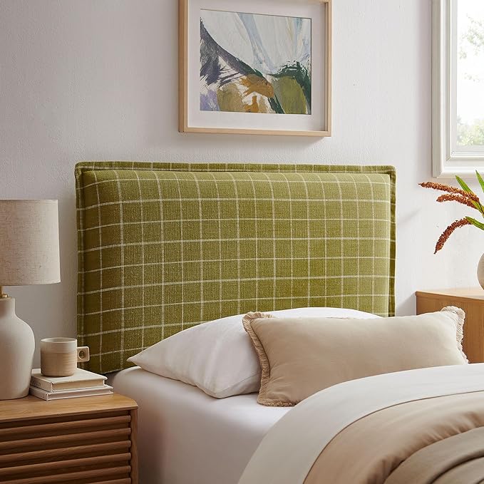 Modway Camille Twin Size Checkered Linen Blend Plaid Headboard with Removable Slipcover – in Artichoke Windowpane Check - Padded Pillow Style Headboard with Adjustable Mounting for Twin Beds