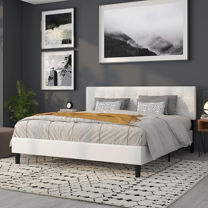 Flash Furniture Bedford Box Stitch Tufted Upholstered King Size Headboard in White Fabric