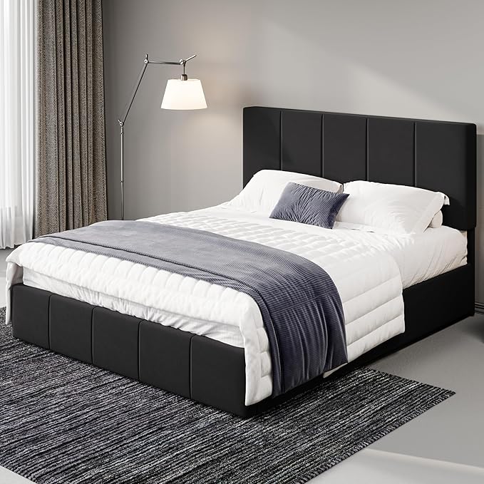 Allewie Full Size Dutch Velvet Upholstered Platform Bed Frame/Vertical Channel Tufted Adjustable Headboard/Low Profile Bed Frame/No Box Spring Needed/Easy Assembly/Black