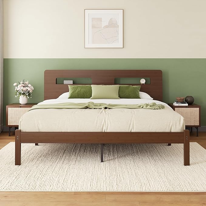 ZIYOO King Size 14” Walnut Bed Frame, Stylish Platform Bed with Natural Bamboo Outer Frame & Metal Slat Support, Under-Bed Storage Friendly, Tool-Free Assembly