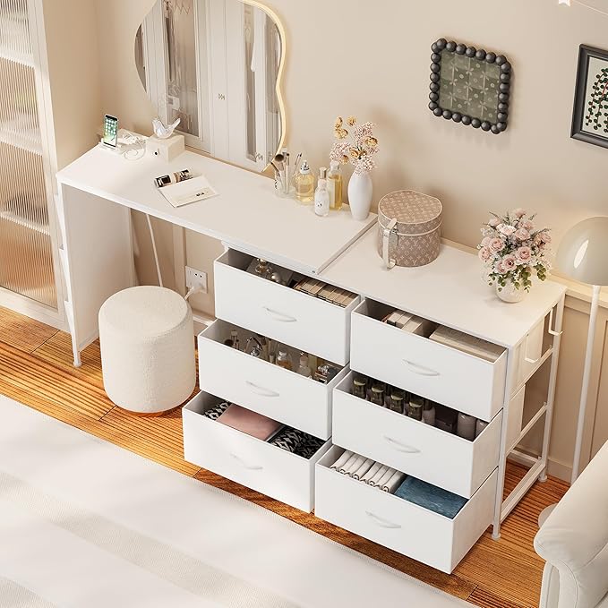 Simoretus Modern Corner Vanity Desk with 6 Fabric Drawers Power Outlet Side Pocket L Shaped Drawers Makeup Desk Dressing Table for Girls Women Bedroom (White)