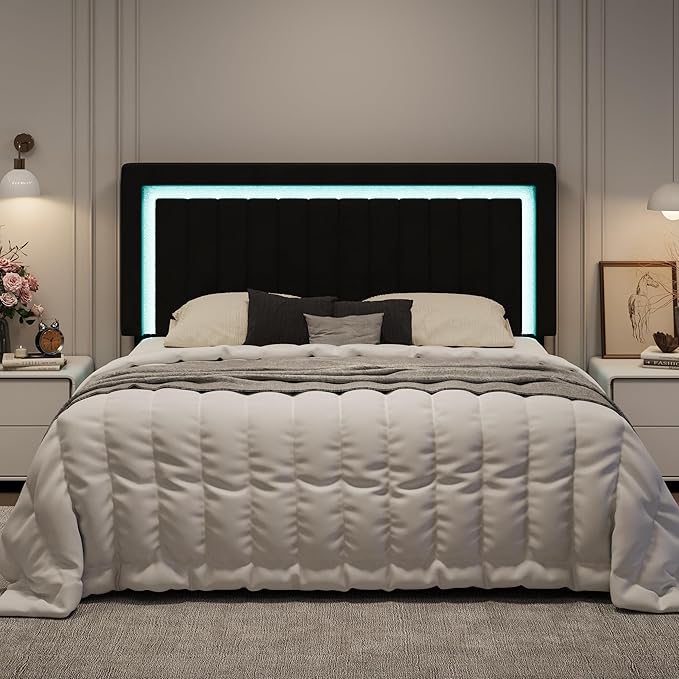 SHA CERLIN King Size Velvet Bed Frame with LED Light, Adjustable Vertical Channel Tufted Headboard, Strong Wooden Slats Support, Noise-Free, No Box Spring Needed, Black