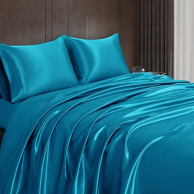 Homiest 4pcs Satin Sheets Set Luxury Silky Satin Bedding Set with Deep Pocket, 1 Fitted Sheet + 1 Flat Sheet + 2 Pillowcases (King Size, Turquoise)