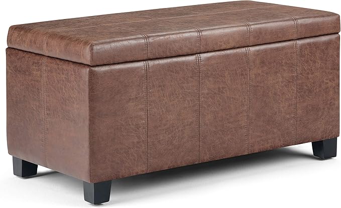 SIMPLIHOME Dover Storage Ottoman Bench - 36 inch Wide Upholstered Vegan Leather Rectangular Lift-Top Ottoman in Distressed Umber Brown, Contemporary Bench for Living Room with Safety Hinges