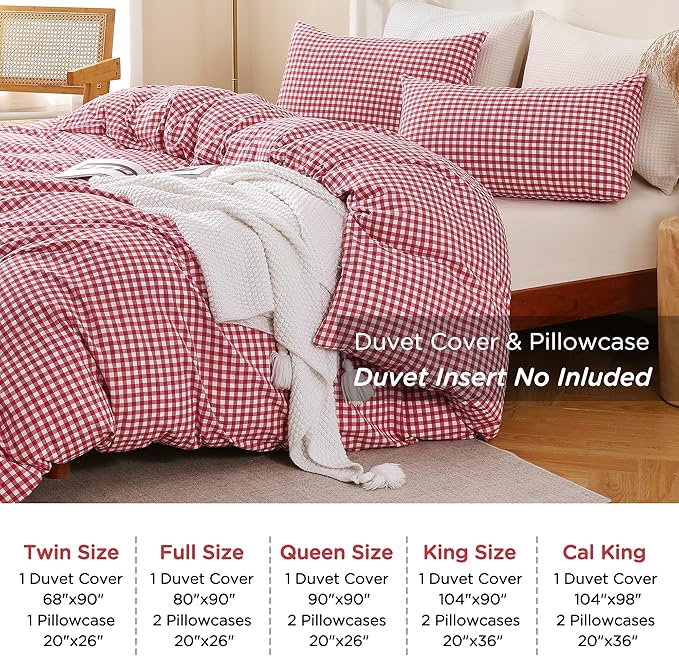 TOCOMOA Red Gingham Duvet Cover Bedding Set 100% Washed Cotton Like Linen Feel Super Soft Comfortable 3 Piece Cute Plaid Checkered Comforter Cover Set (Queen 90"x90", Comforter Not Included)