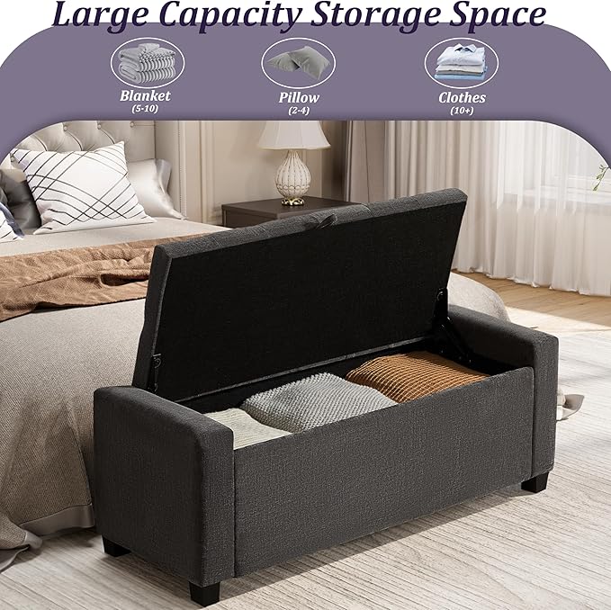 Royal Windsor Ottoman with Storage,Tufted Storage Bench with Safety Hinge,Holds up to 350 lb,Upholstered Bench with Seating for Bedroom, Living Room,Entryway,Linen Dark Gray